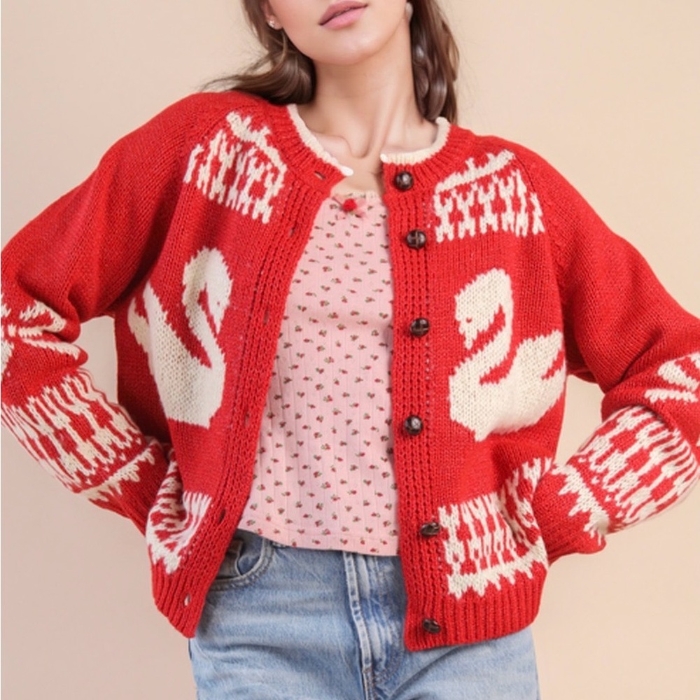 Very J Christmas Red and White Swan Cardigan - Picture 2 of 4
